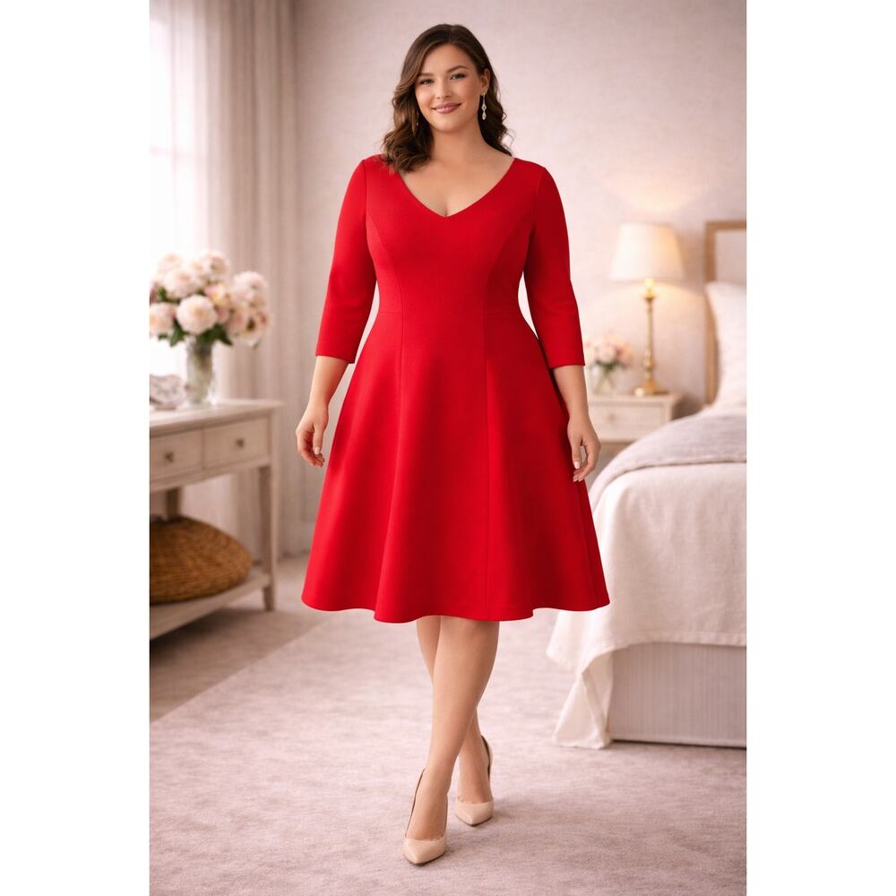 Ann Taylor Red V Neck Dress Side Pockets Women’s 16T Preppy Professional - Picture 2 of 9